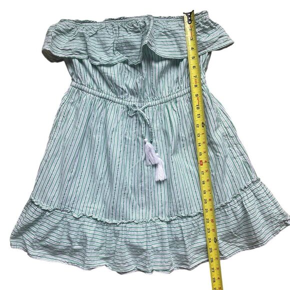 American Eagle Ruffle Top Mini Dress Green White Striped Strapless Womens Large - Picture 9 of 10
